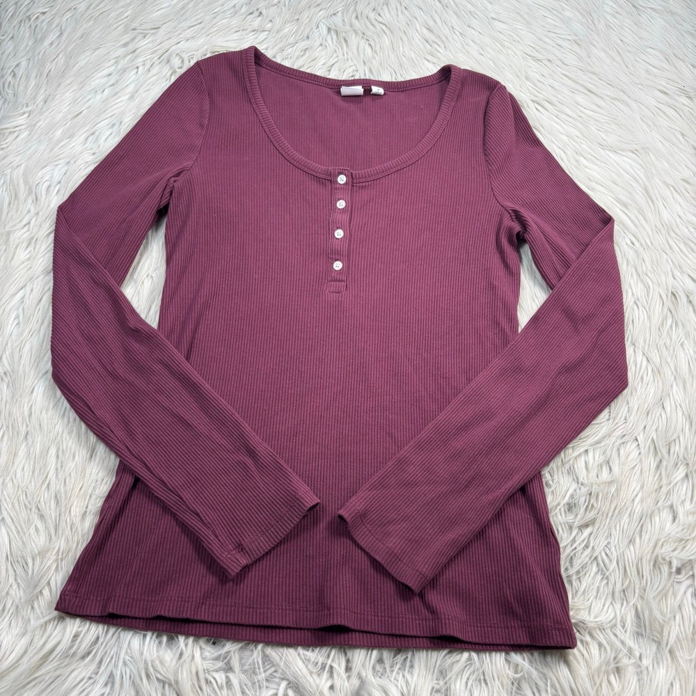 Gap Women's M Burgundy Ribbed Henley Top Preppy Y2K Basic Elena Gilbert